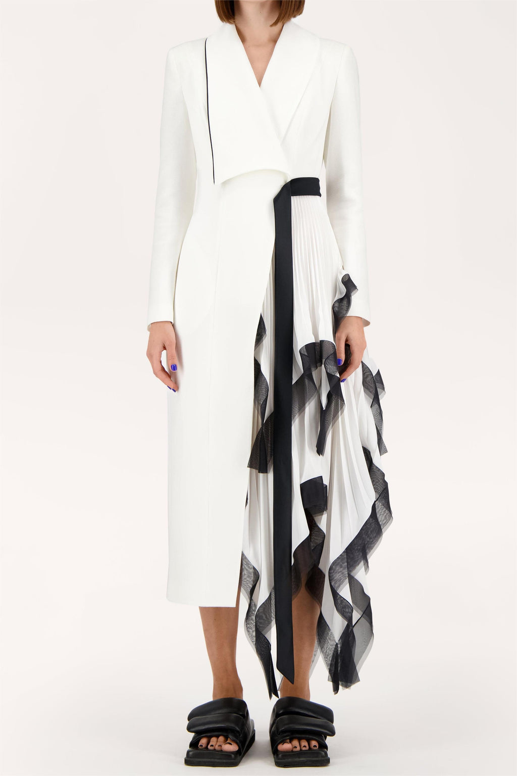 Pleated Asymmetrical Neck Midi Dress