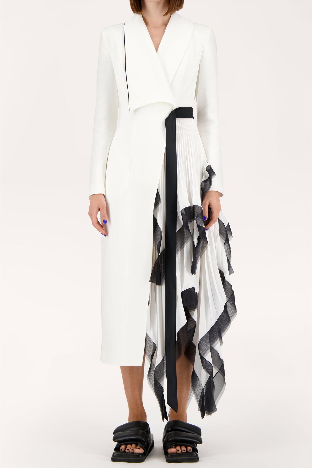 Pleated Asymmetrical Neck Midi Dress