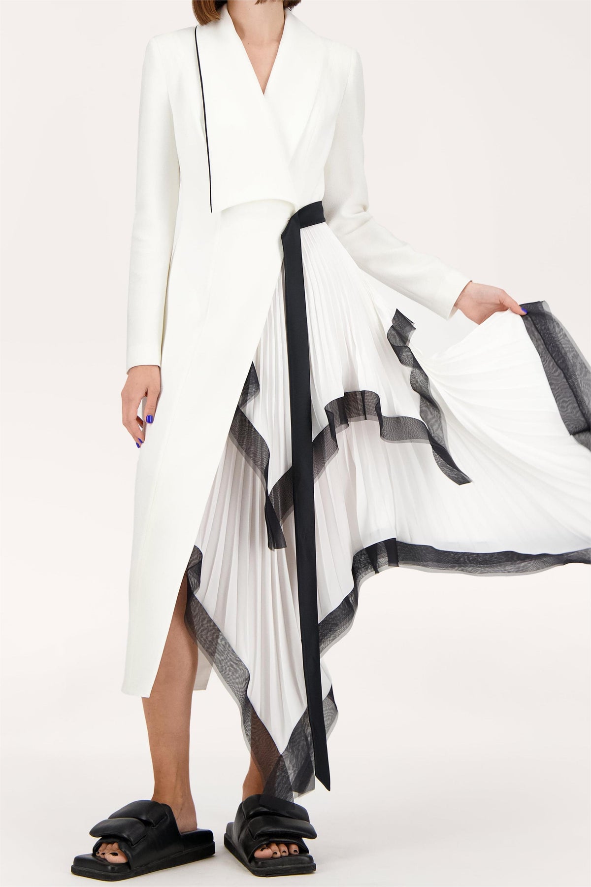 Pleated Asymmetrical Neck Midi Dress