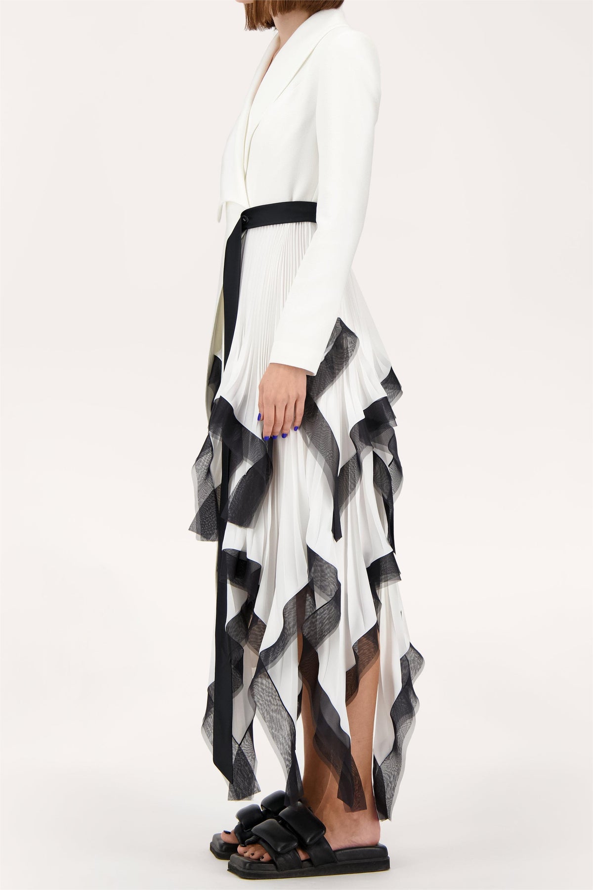 Pleated Asymmetrical Neck Midi Dress