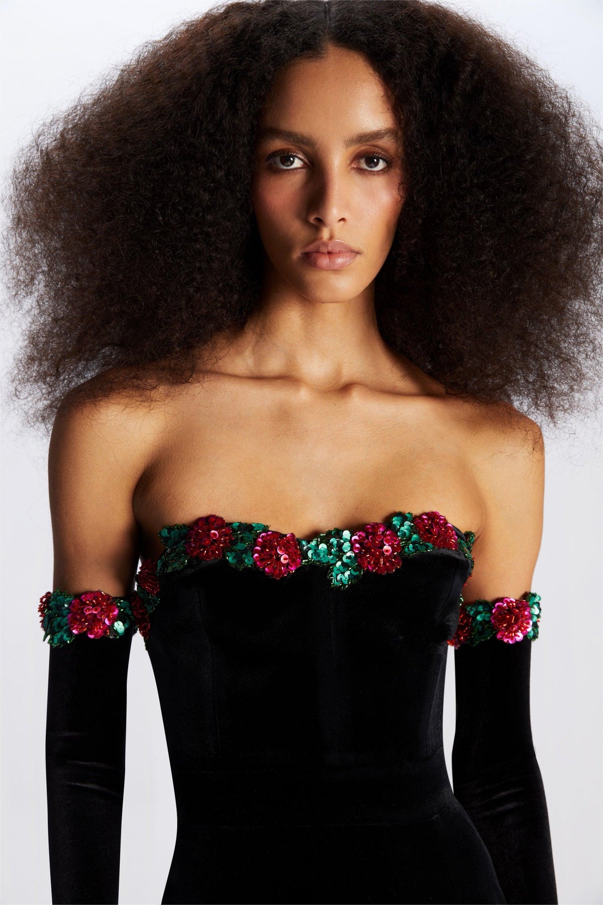 Sequin Velvet Midi Dress With Gloves