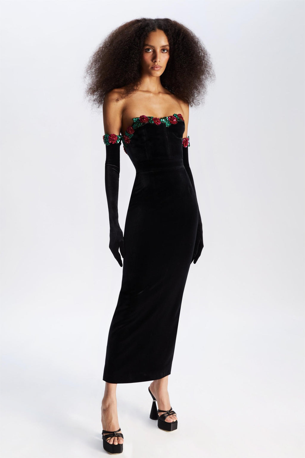 Sequin Velvet Midi Dress With Gloves