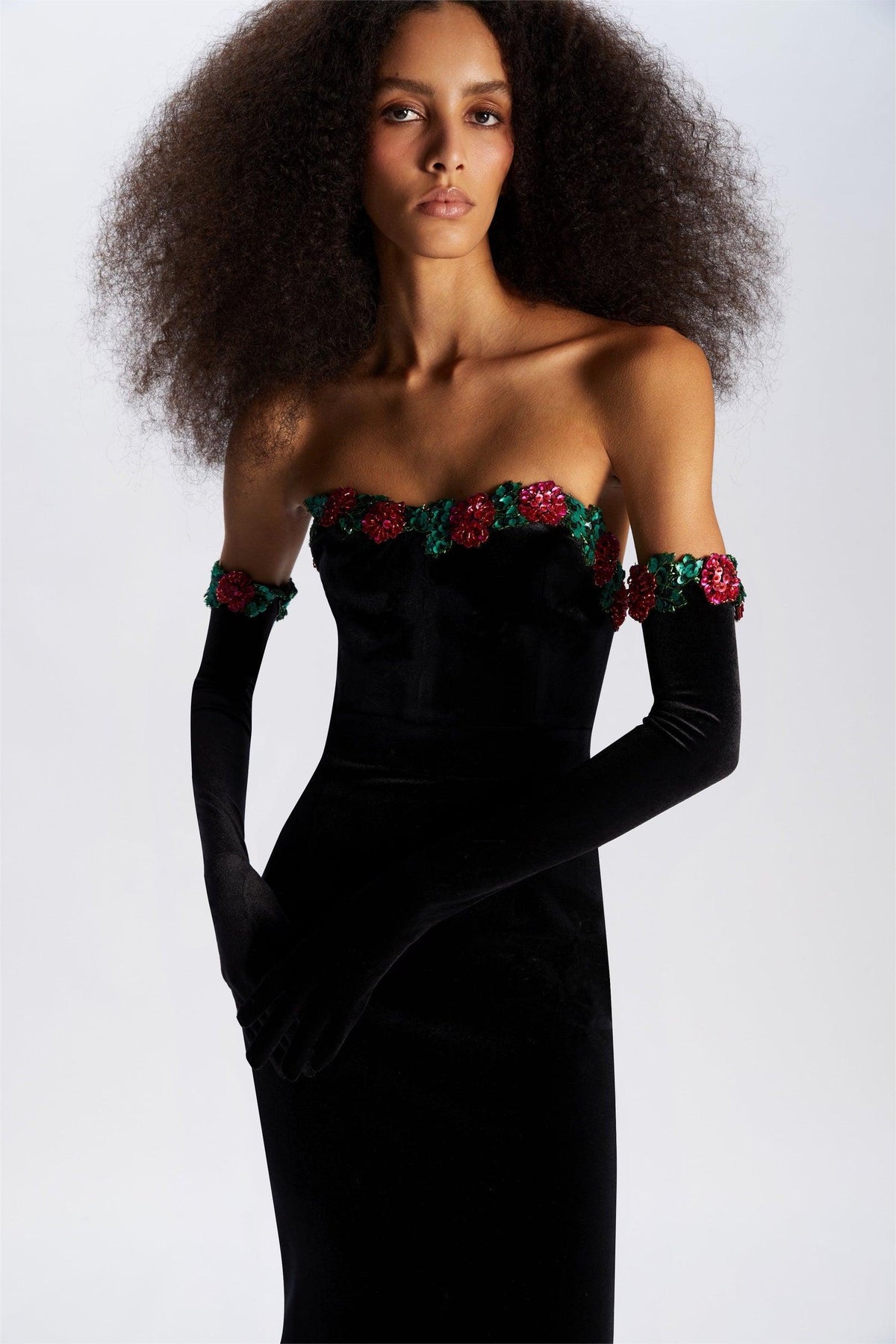 Sequin Velvet Midi Dress With Gloves