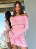 Julissa Mo Autumn Slash Neck Long Sleeve Ruched Pink Mini Dress for Slim Fit A-line Dress Party Clubwear