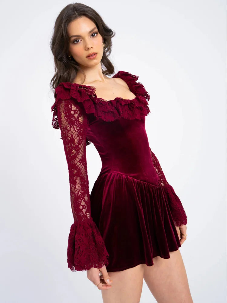 Julissa Mo Patchwork Flare Sleeve Lace Mini Dress See Through High Waist Dress Female Winter New Party Outfit