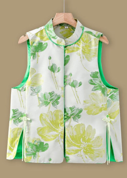 Jacquard Green Stand Collar Button Silk Waistcoat Sleeveless Qo014