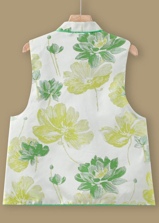 Jacquard Green Stand Collar Button Silk Waistcoat Sleeveless Qo014