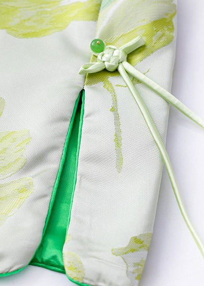 Jacquard Green Stand Collar Button Silk Waistcoat Sleeveless Qo014