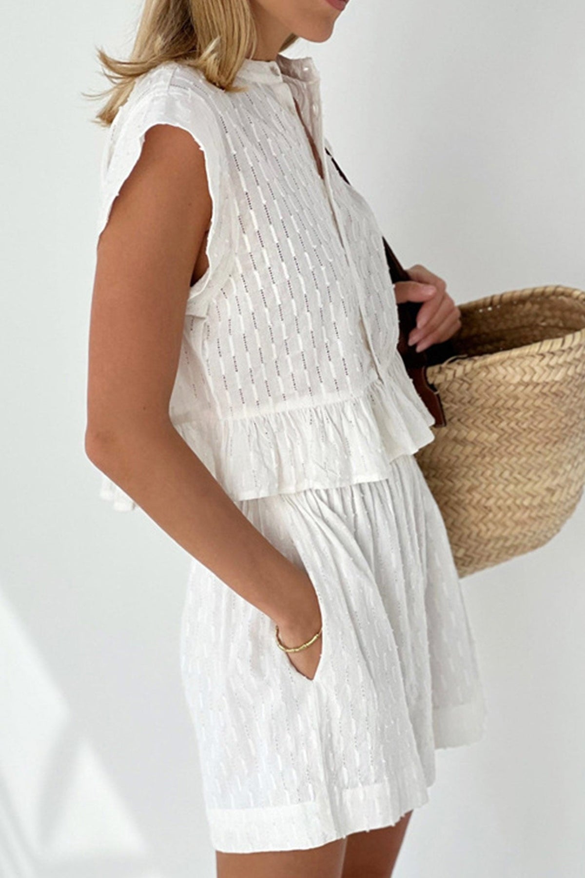 Jacquard Ruffle Tank Top Two-piece Shorts Set