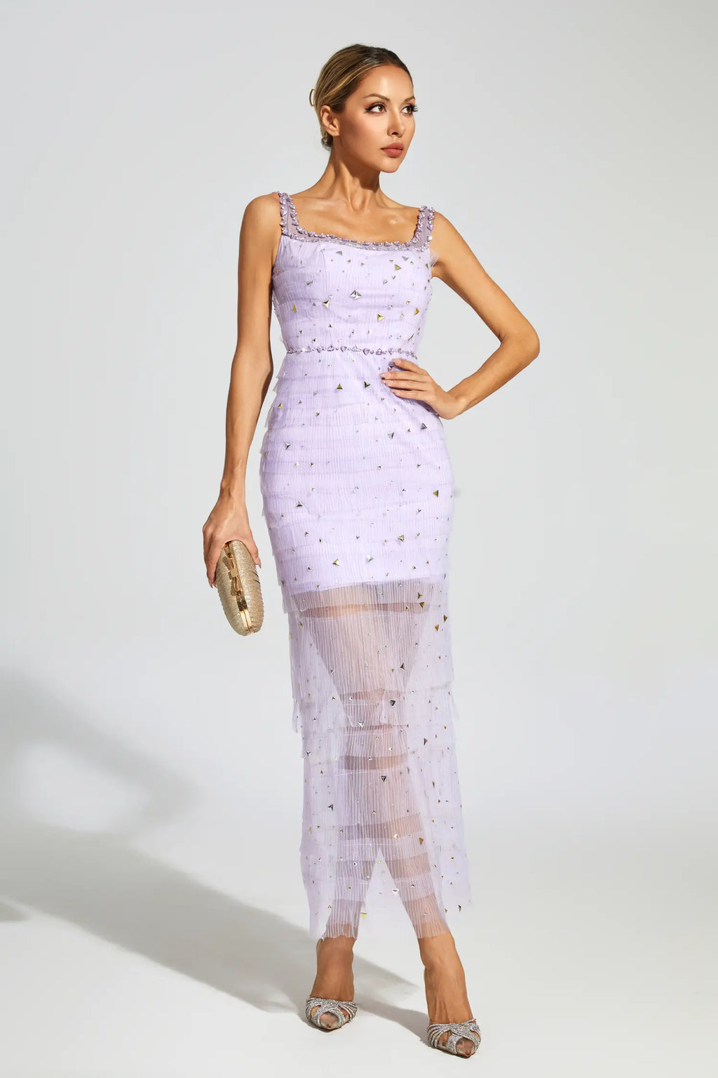 Jennings Purple Diamond Mesh Midi Dress
