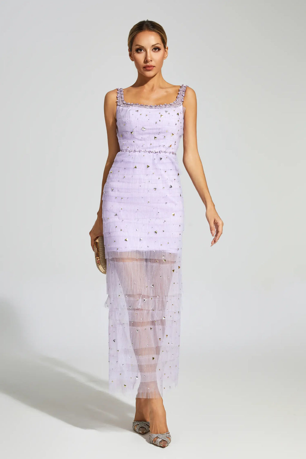 Jennings Purple Diamond Mesh Midi Dress