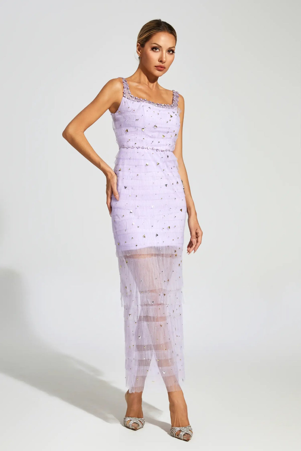 Jennings Purple Diamond Mesh Midi Dress