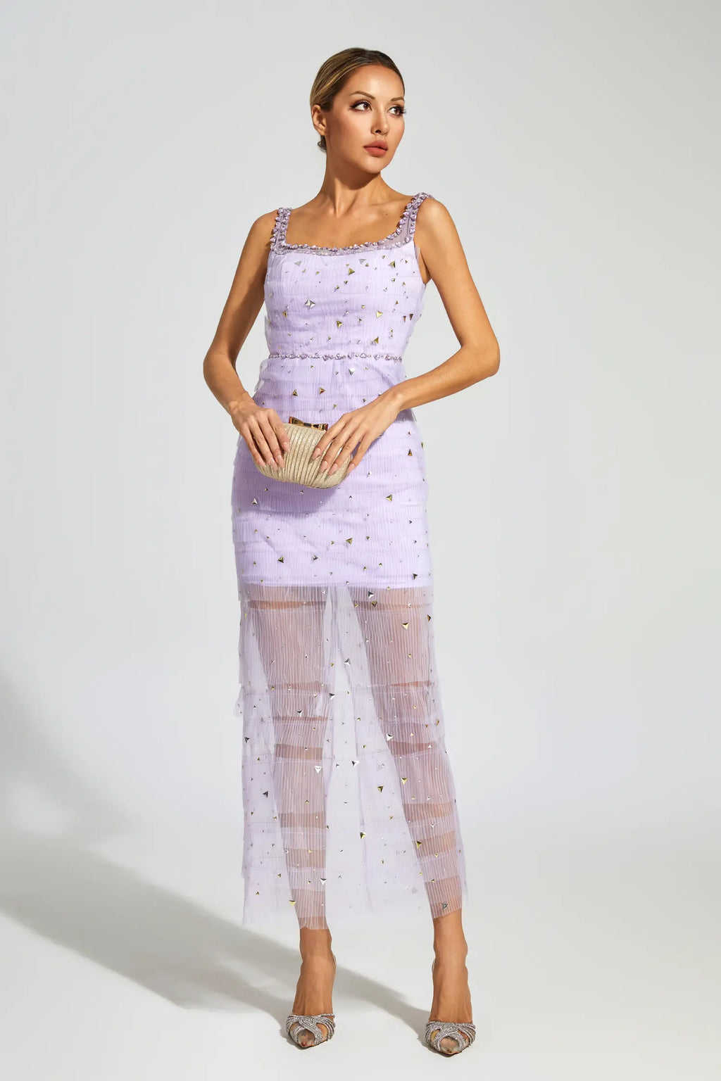 Jennings Purple Diamond Mesh Midi Dress