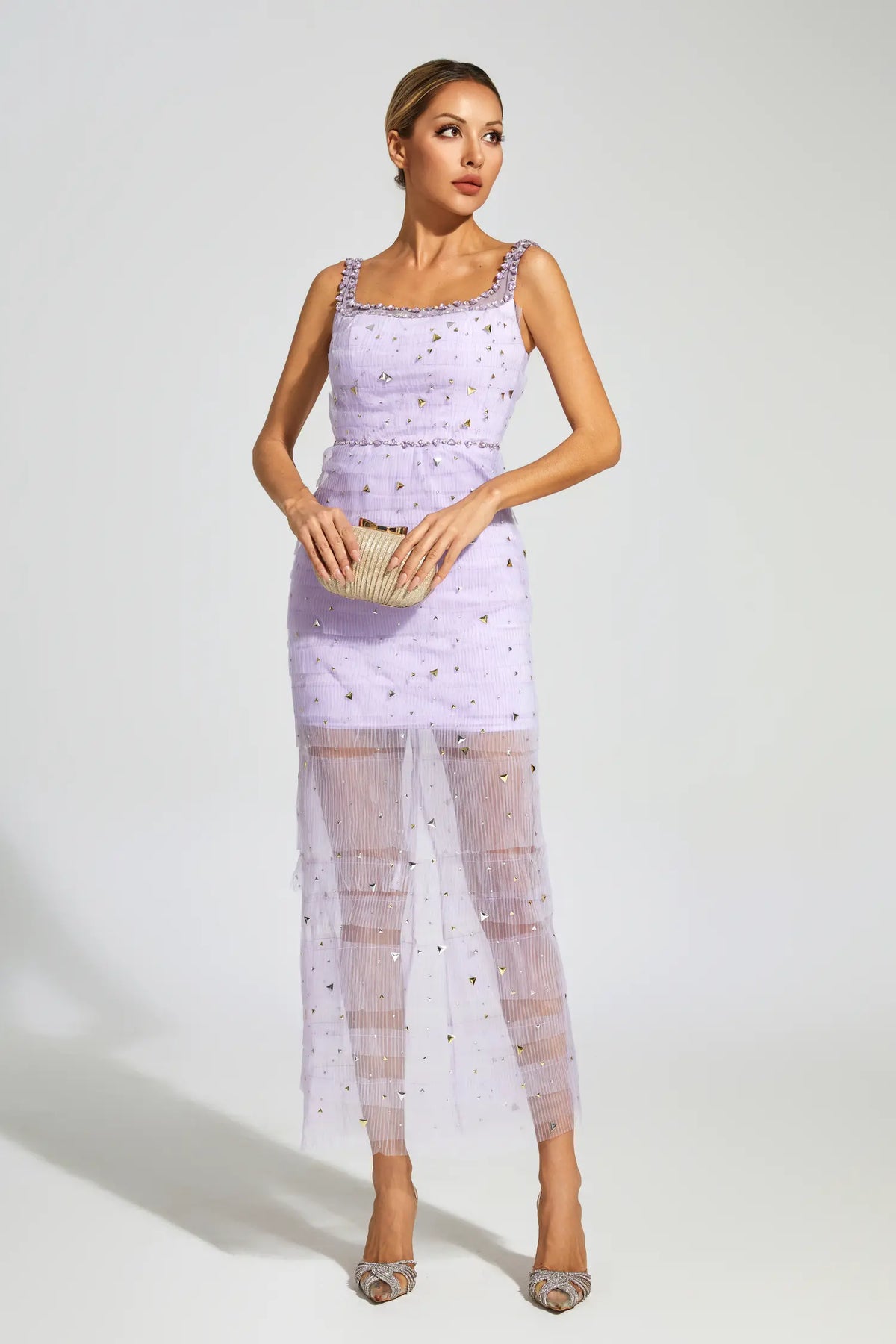 Jennings Purple Diamond Mesh Midi Dress