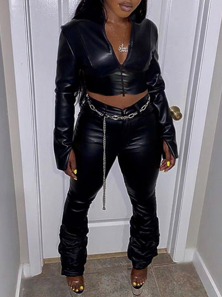 Faux Leather Crop Top Stacked Pants Set Bo1123