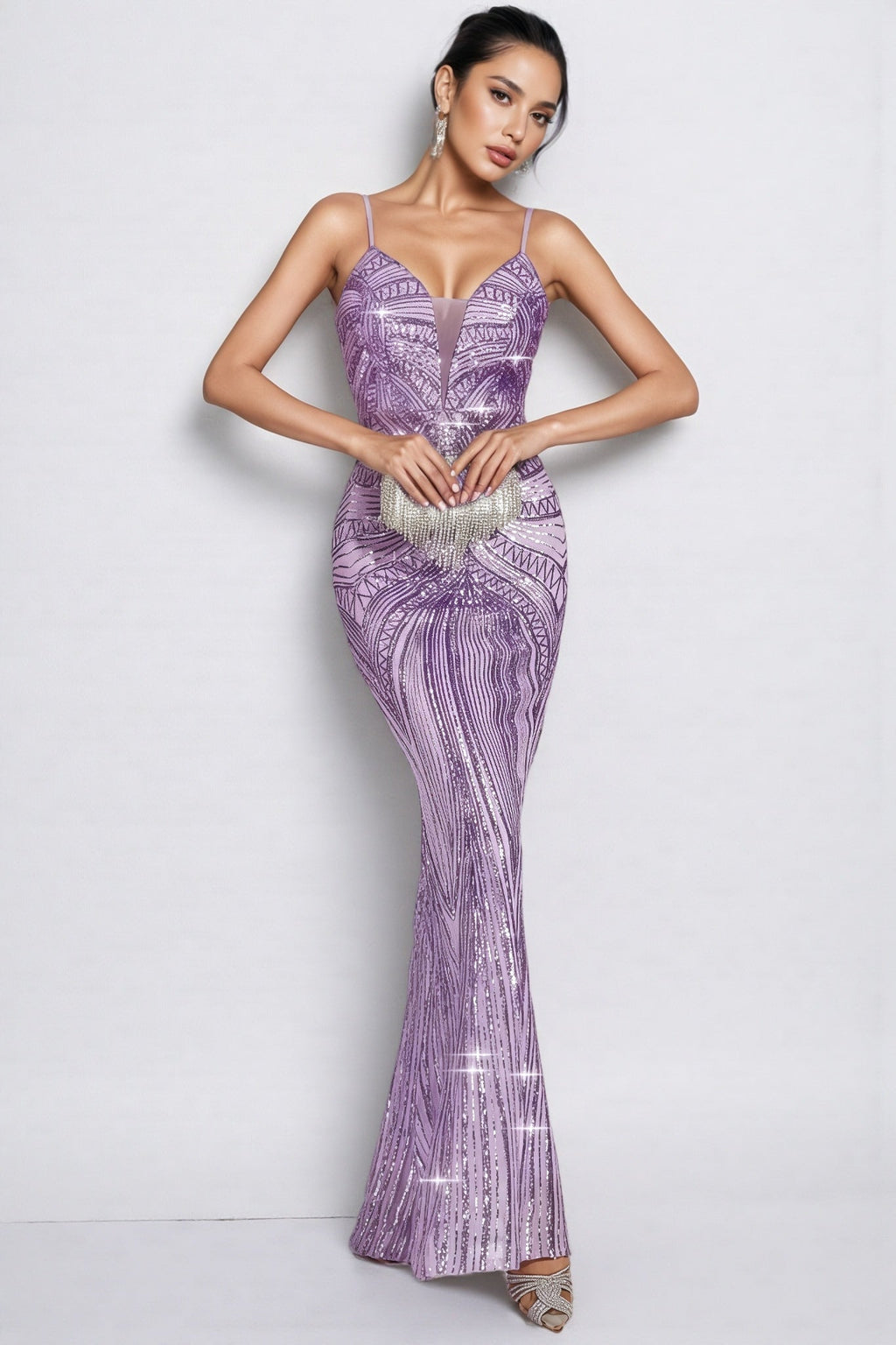 Niko Purple Mermaid Sequins Slip Maxi Dress