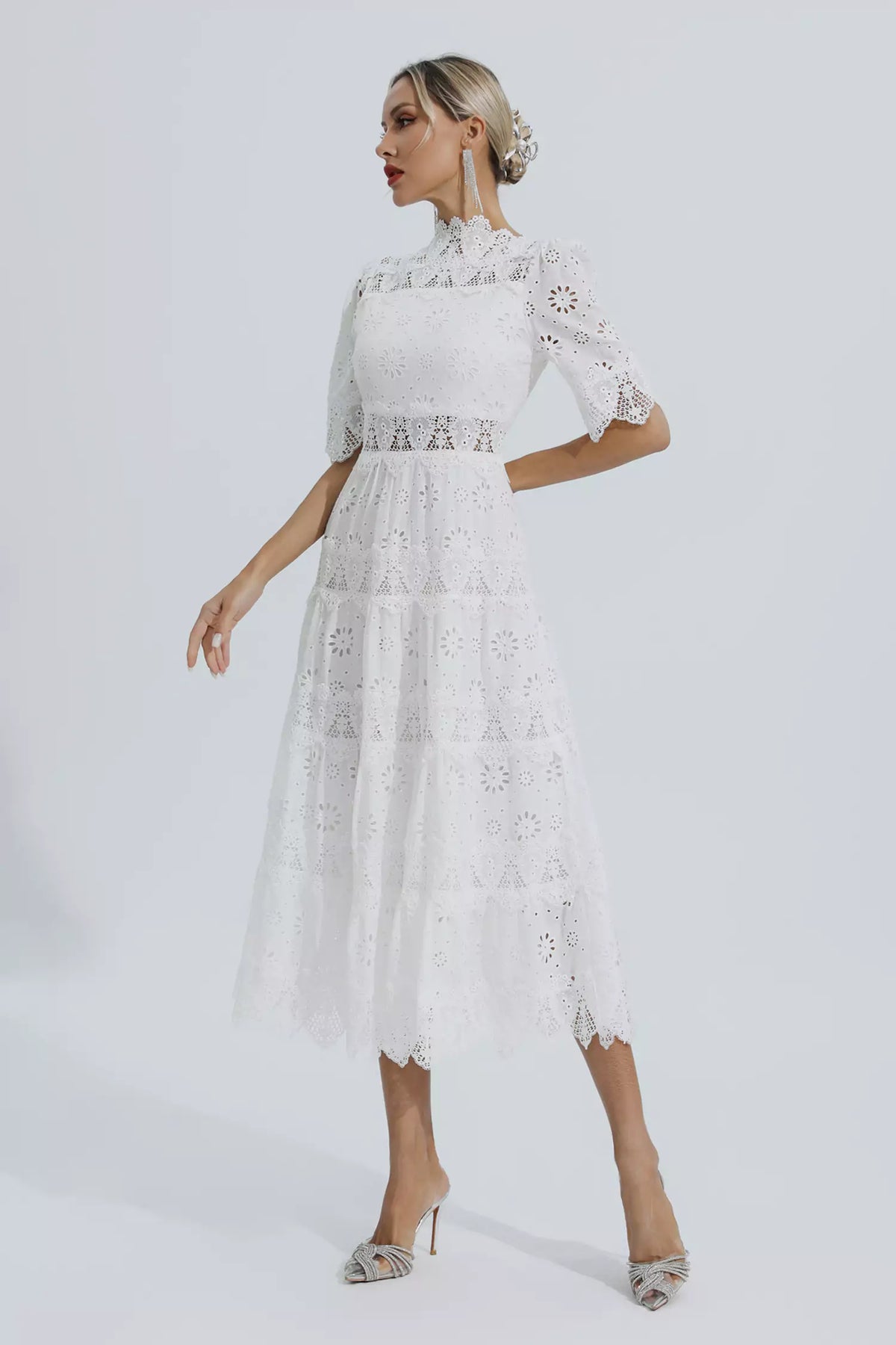Kenna White Hollow Half Sleeve Midi Dress