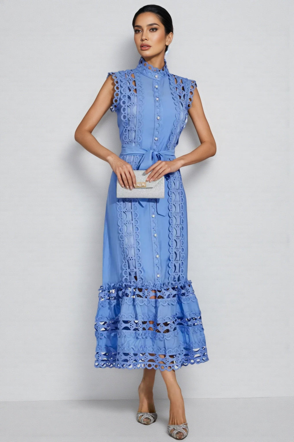 Mellies Blue Sleeveless Hollow Maxi Dress