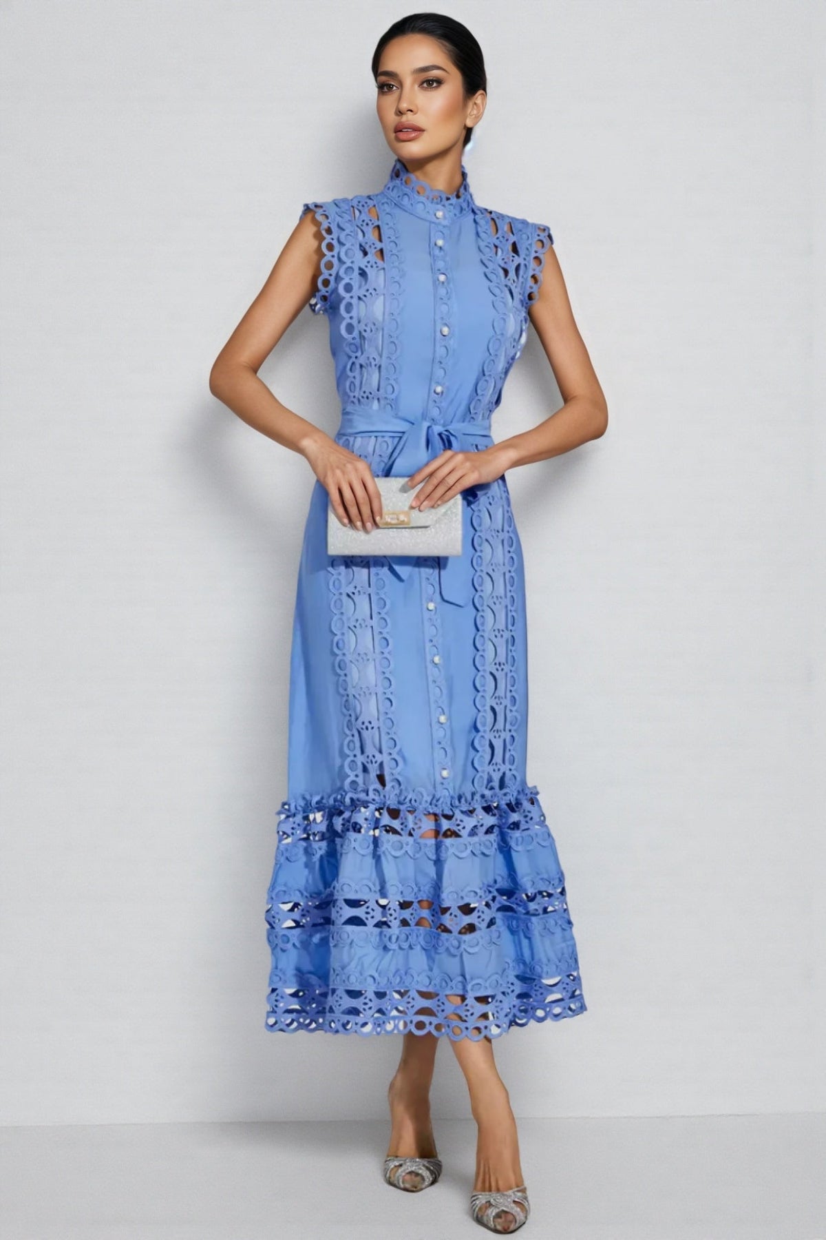 Mellies Blue Sleeveless Hollow Maxi Dress