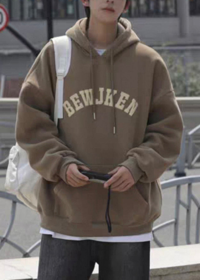 Khaki Letter Pockets Cotton Sweatshirts Hooded Spring Yq032