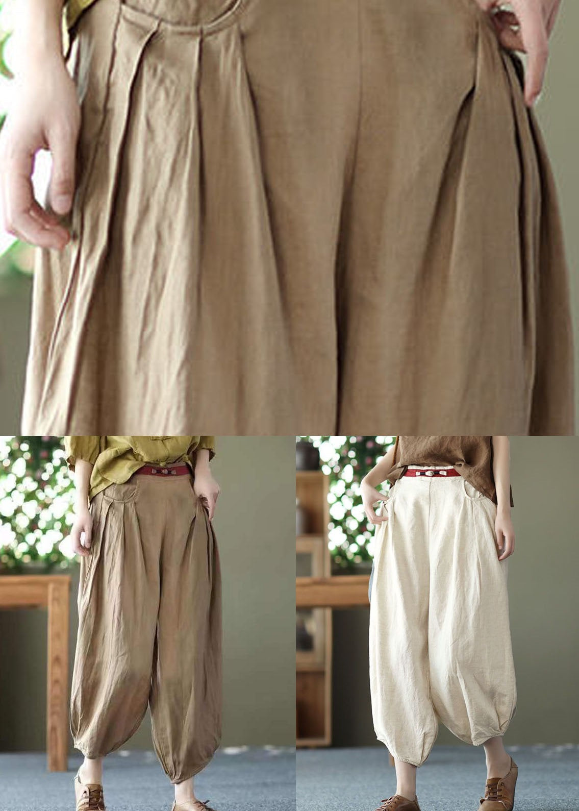 Khaki Pockets Patchwork Linen Crop Pants Elastic Waist Summer Ly0593