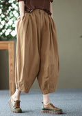 Khaki Pockets Patchwork Linen Crop Pants Wrinkled Summer Ly0622