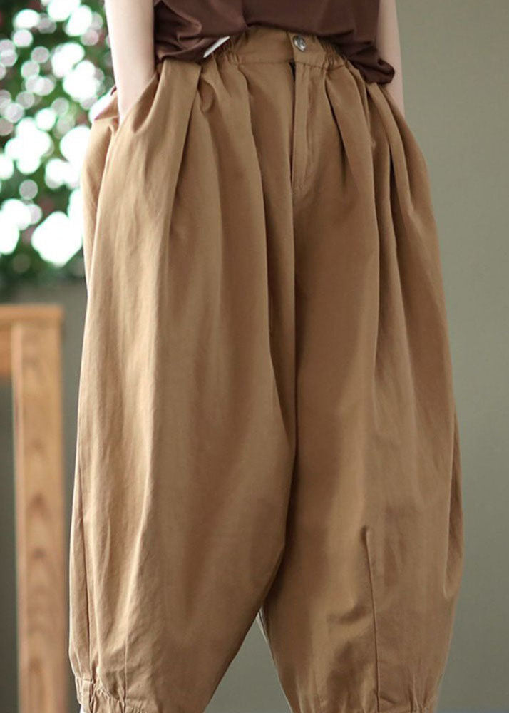 Khaki Pockets Patchwork Linen Crop Pants Wrinkled Summer Ly0622