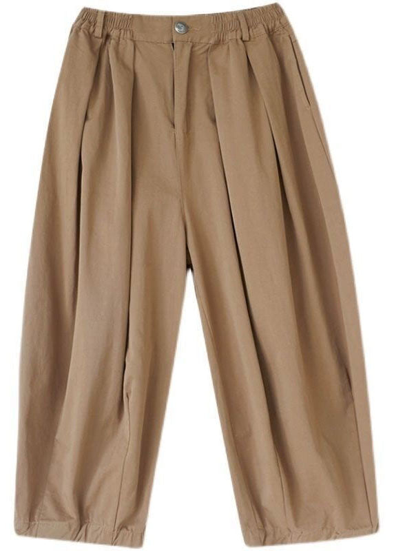 Khaki Pockets Patchwork Linen Crop Pants Wrinkled Summer Ly0622