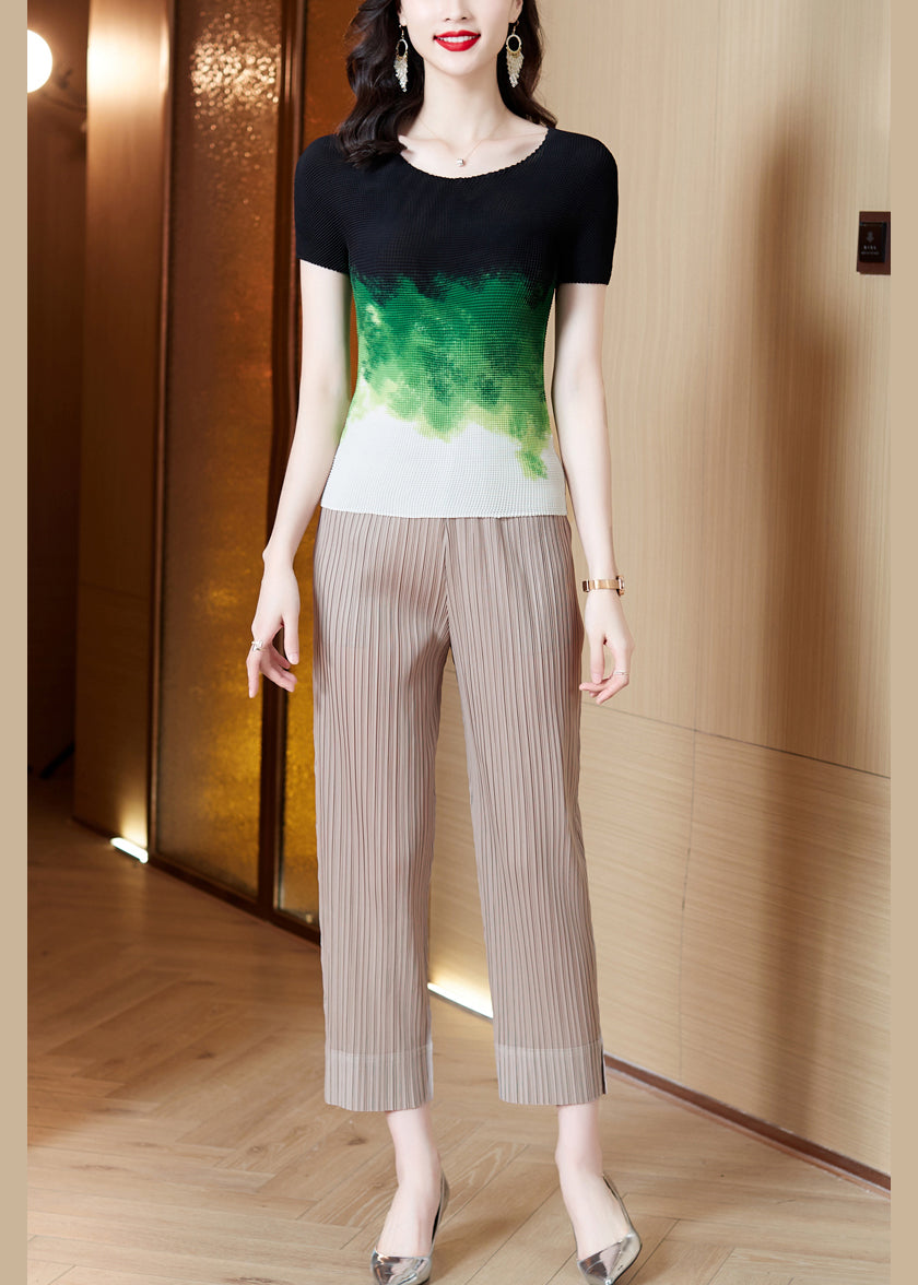 Khaki Silk Crop Pants Oversized Wrinkled Spring Ly0448