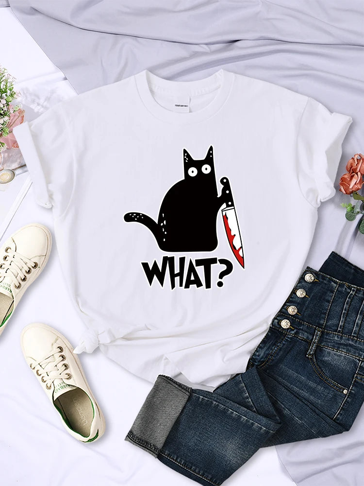 Kitchen Knife Black Cat Wha? Print Female Short Sleeve Breathable T-shirts Summer Cool Tee Clothes Street Hip Hop Tops