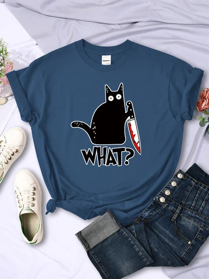 Kitchen Knife Black Cat Wha? Print Female Short Sleeve Breathable T-shirts Summer Cool Tee Clothes Street Hip Hop Tops