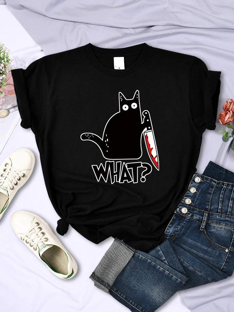 Kitchen Knife Black Cat Wha? Print Female Short Sleeve Breathable T-shirts Summer Cool Tee Clothes Street Hip Hop Tops