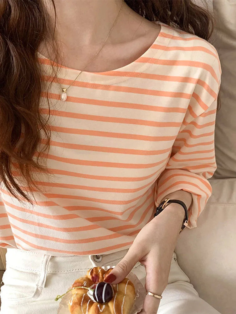 Korean Striped T-shirt Autumn Long Sleeve ’s Top Loose Cotton T-shirt Female Blue Orange S-xl