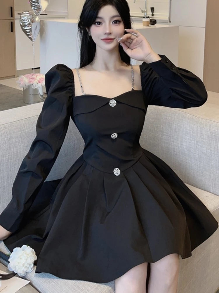 Korean Style Mini Dress Long Sleeve Square Collar Spring High Waist Female Birthday Party Vestidos Mujer