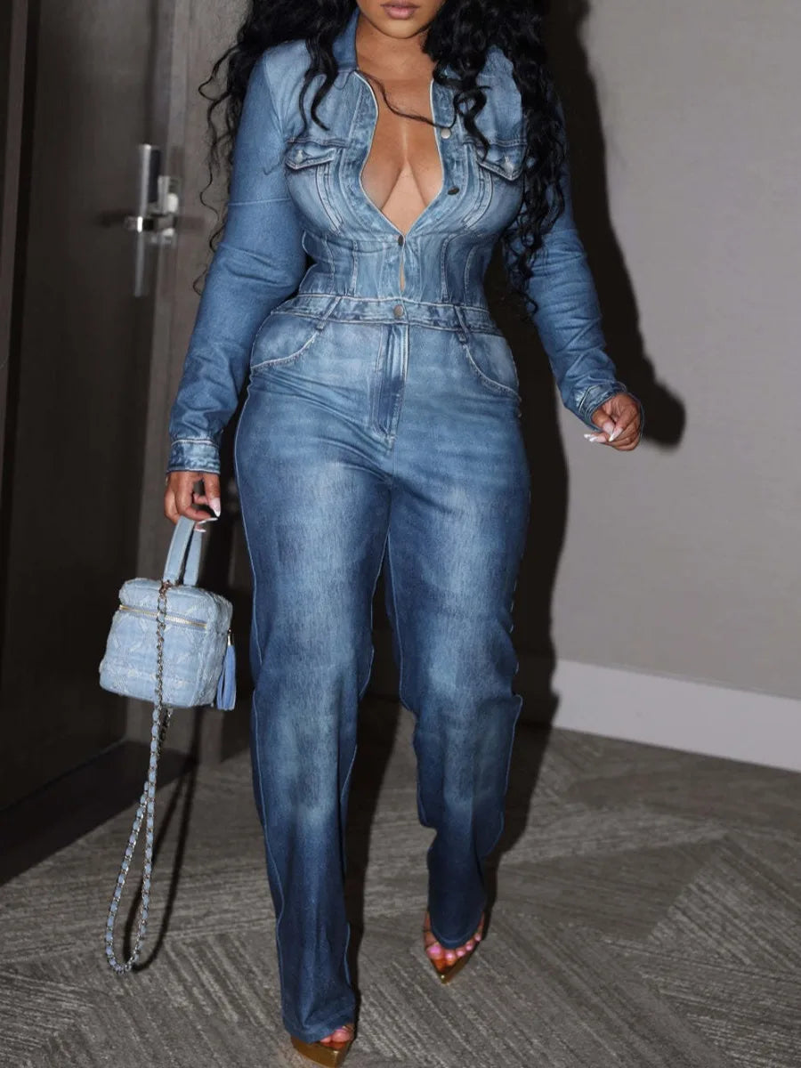 Autumn Winter Imitation Denim Pocket Button Design Jumpsuit Jumpsuits