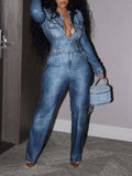 Autumn Winter Imitation Denim Pocket Button Design Jumpsuit Jumpsuits