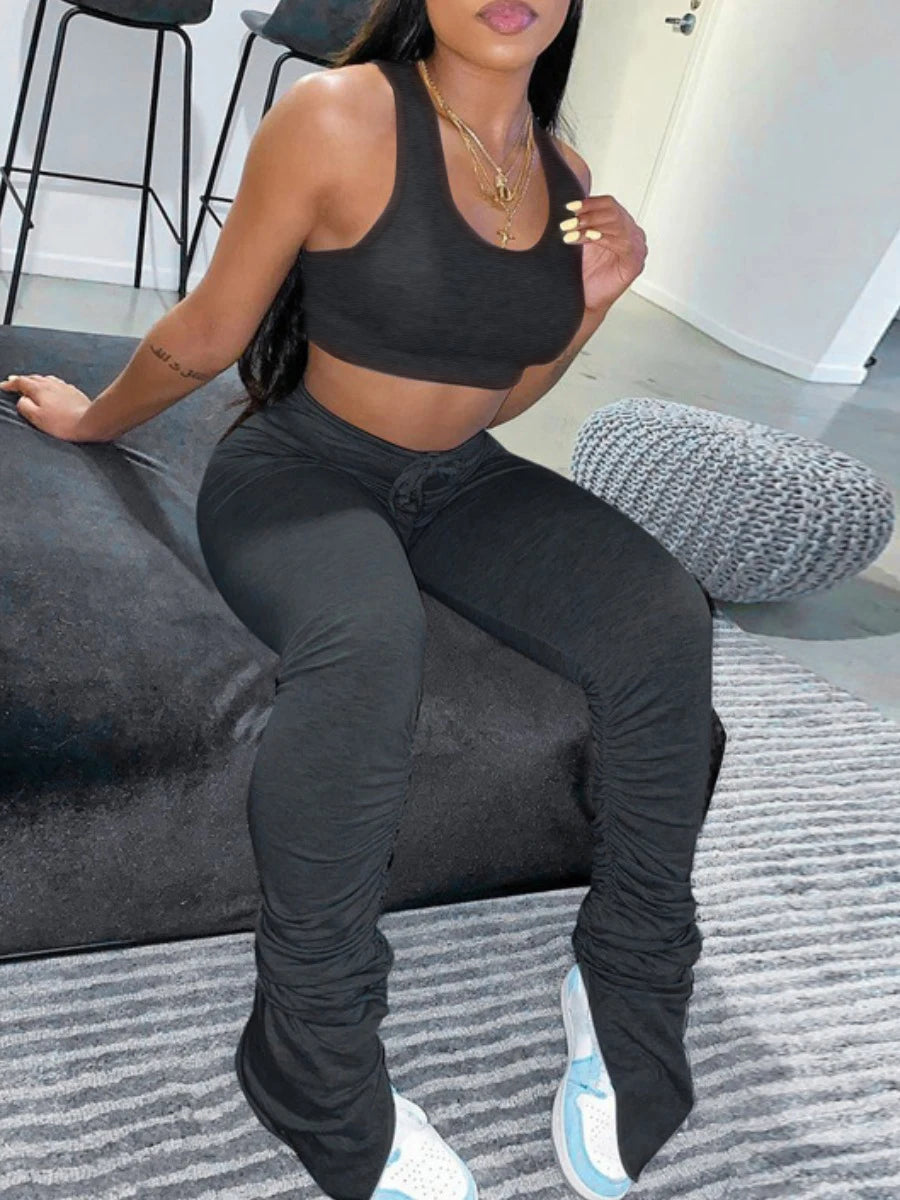 Basic Crop Top Drawstring Ruched Pants Set Sport Gym Two Pieces Sleeveless U Neck Stretchy Crop Top