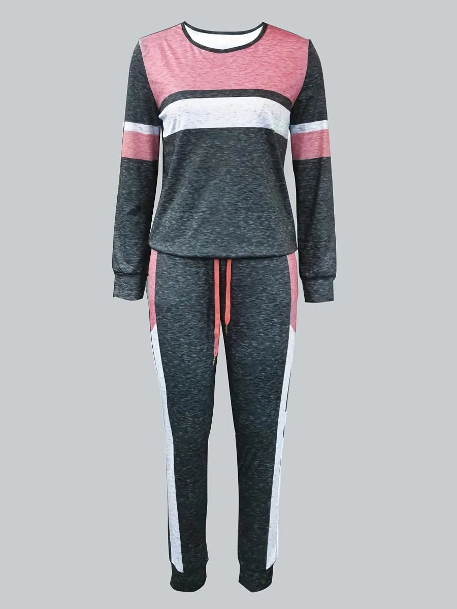 Drawstring Color Lump Pants Set Mixed Print Round Neck Long Sleeve Tracksuits Two Pieces Outfits
