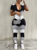 Geometric Print Zipper Design V-neck Jumpsuit Spring Sportswear for