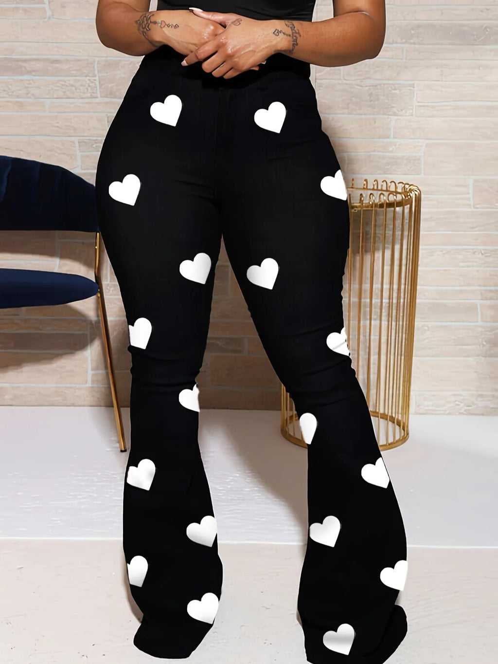High Waist Heart Print Slimming Flared Pants New Spring Elastic Micro Horn Trousers Sweet Causal Style