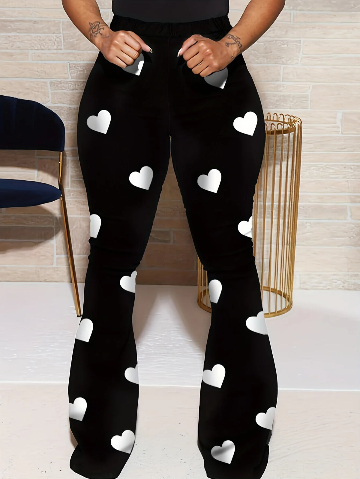 High Waist Heart Print Slimming Flared Pants New Spring Elastic Micro Horn Trousers Sweet Causal Style