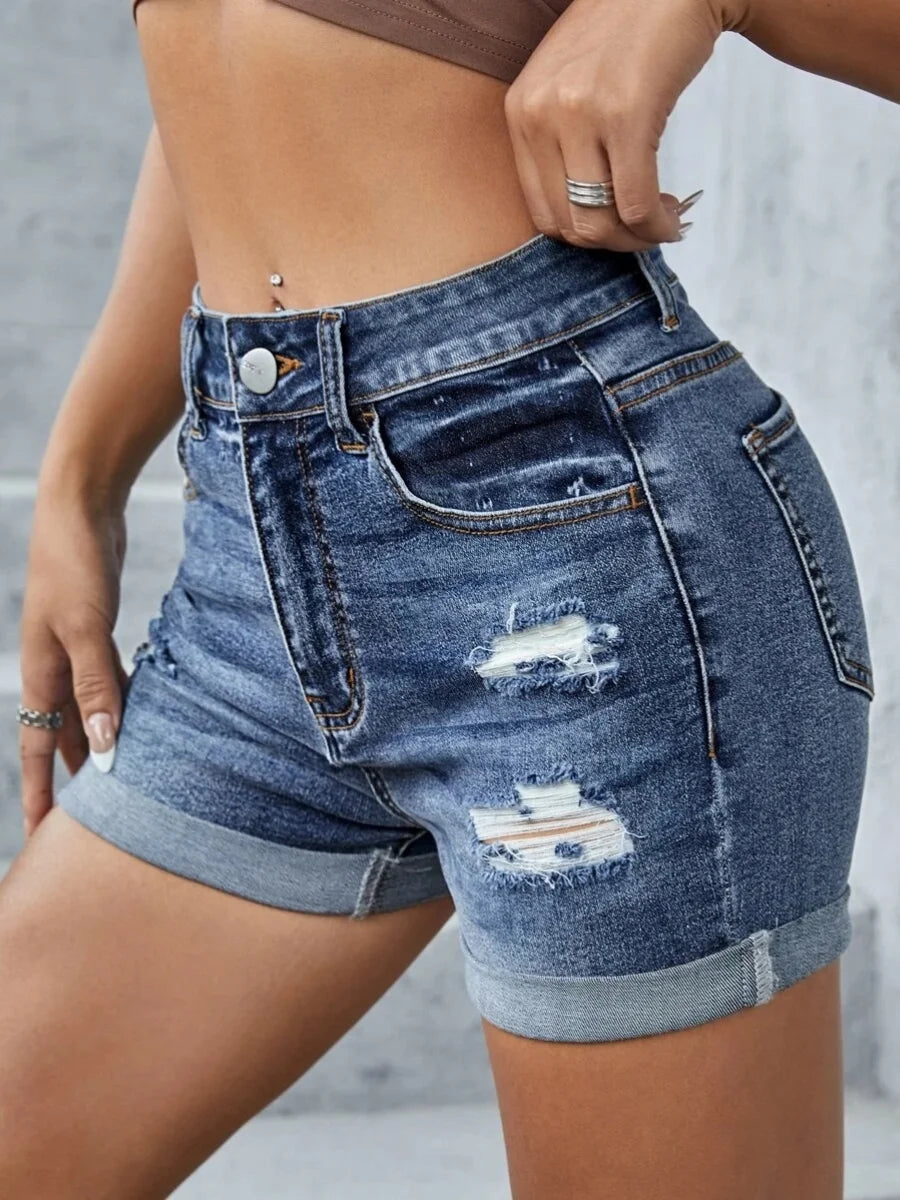 High Waist Ripped Pocket Design Skinny Stretchy Denim Shorts Cuffed Hem Hot Jean Pants