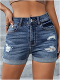 High Waist Ripped Pocket Design Skinny Stretchy Denim Shorts Cuffed Hem Hot Jean Pants