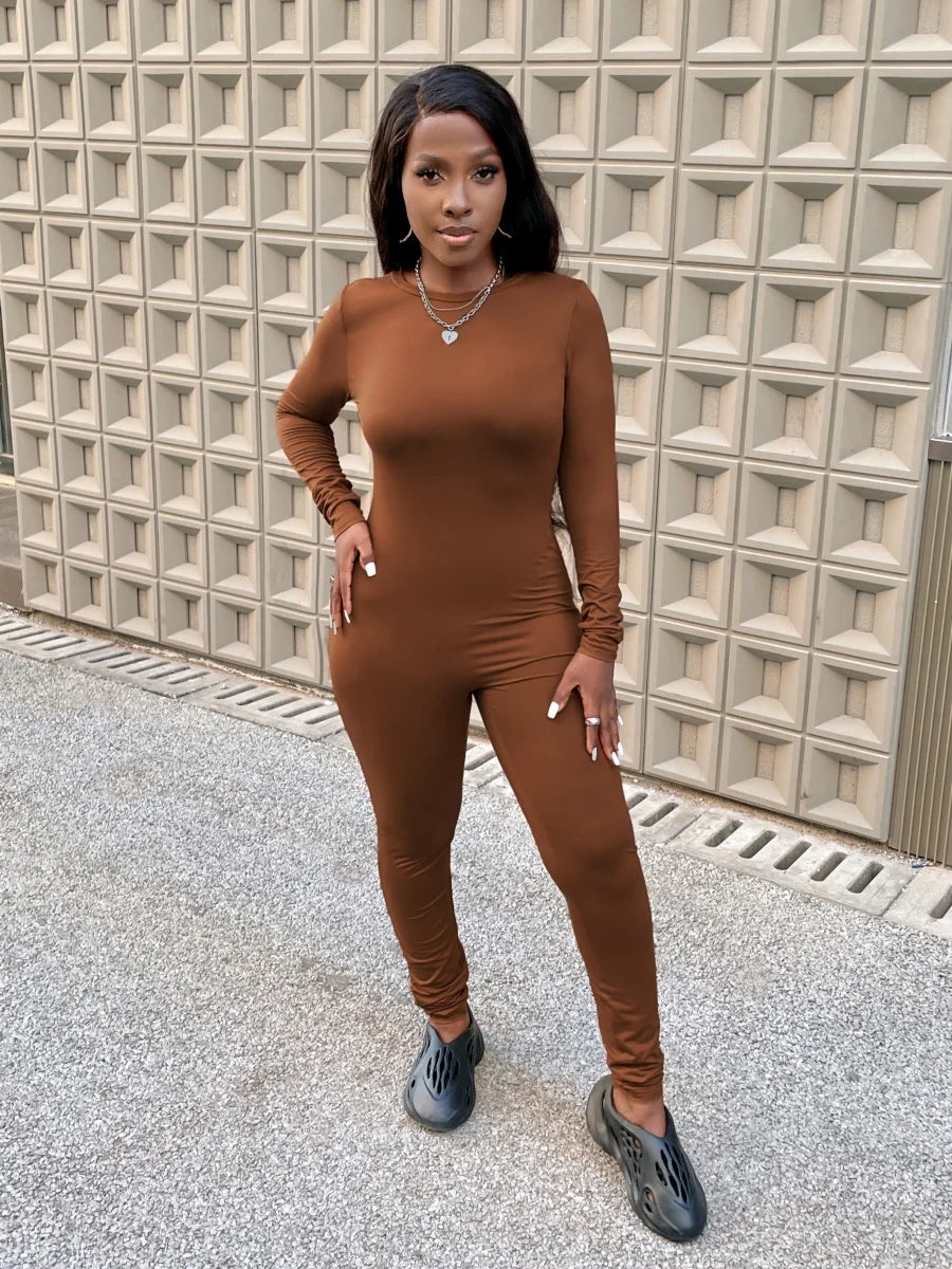 Jumpsuit Round Neck Skinny Basic Sheath Body-shaping Stretchy Simple Bodysuits Long Sleeve Rompers – ’s Round Neck Skinny Sheath Jumpsuit