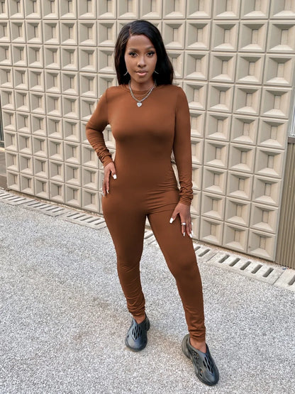 Jumpsuit Round Neck Skinny Basic Sheath Body-shaping Stretchy Simple Bodysuits Long Sleeve Rompers – ’s Round Neck Skinny Sheath Jumpsuit