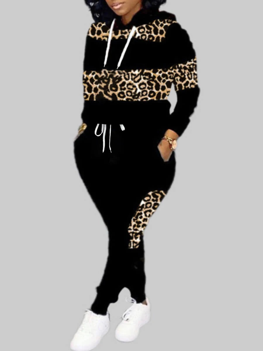 Autumn Long Sleeves Two Pieces Hooded Collar Leopard Print Tracksuit Set Sweatshirts Pullover Hoodies Pant