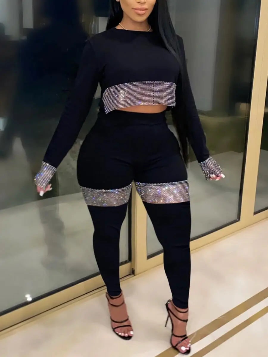 Crop Top See Through Sequined Pants Set Long Sleeve Two-pieces Autumn Round Neck Crop Top Pant