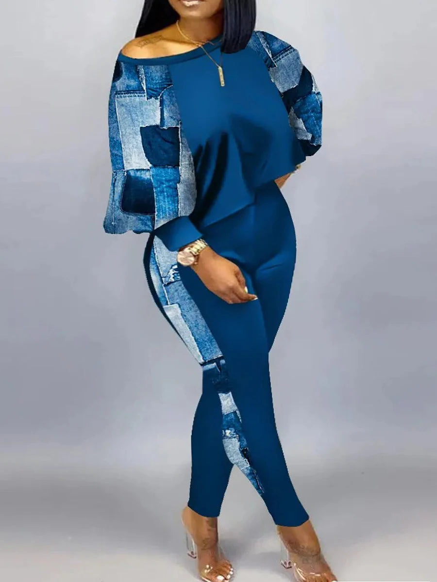 Lantern Sleeve Gradient Print Skinny Pants Set Autumn Winter High Elasticity 2pc Tracksuits Outfits