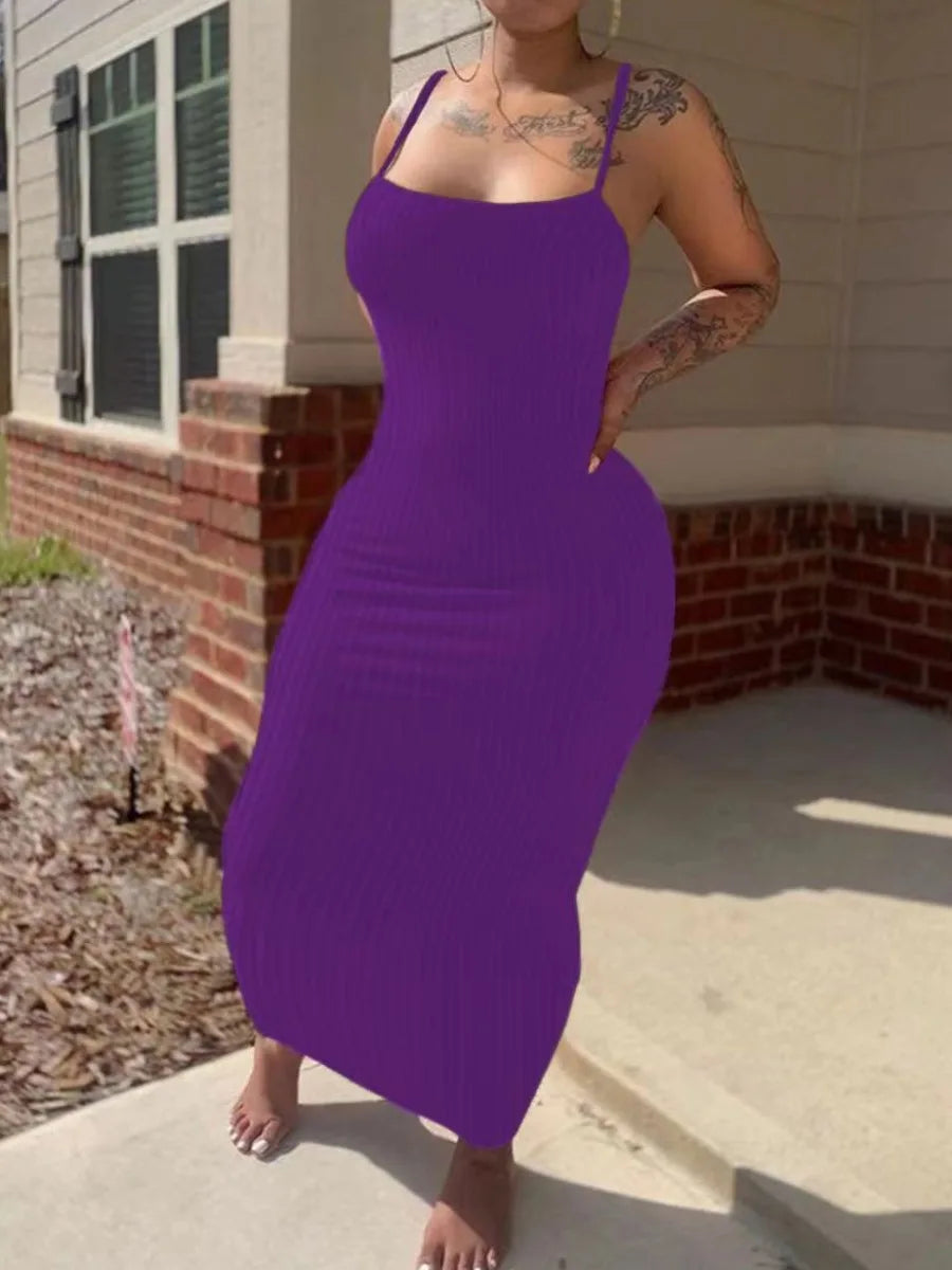 Rib Knit Bodycon Cami Dress Spaghetti Strap Purple Long Dress Sleeveless Skinny Maxi Vestidos – Purple Bodycon Cami Dress
