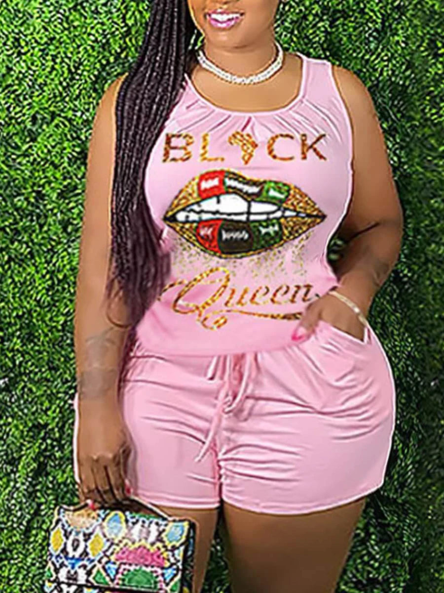 Two-piece Shorts Set Letter Lip Print Drawstring Pink Blue Street Tank Sleeveless Stretchy Summer Clothing